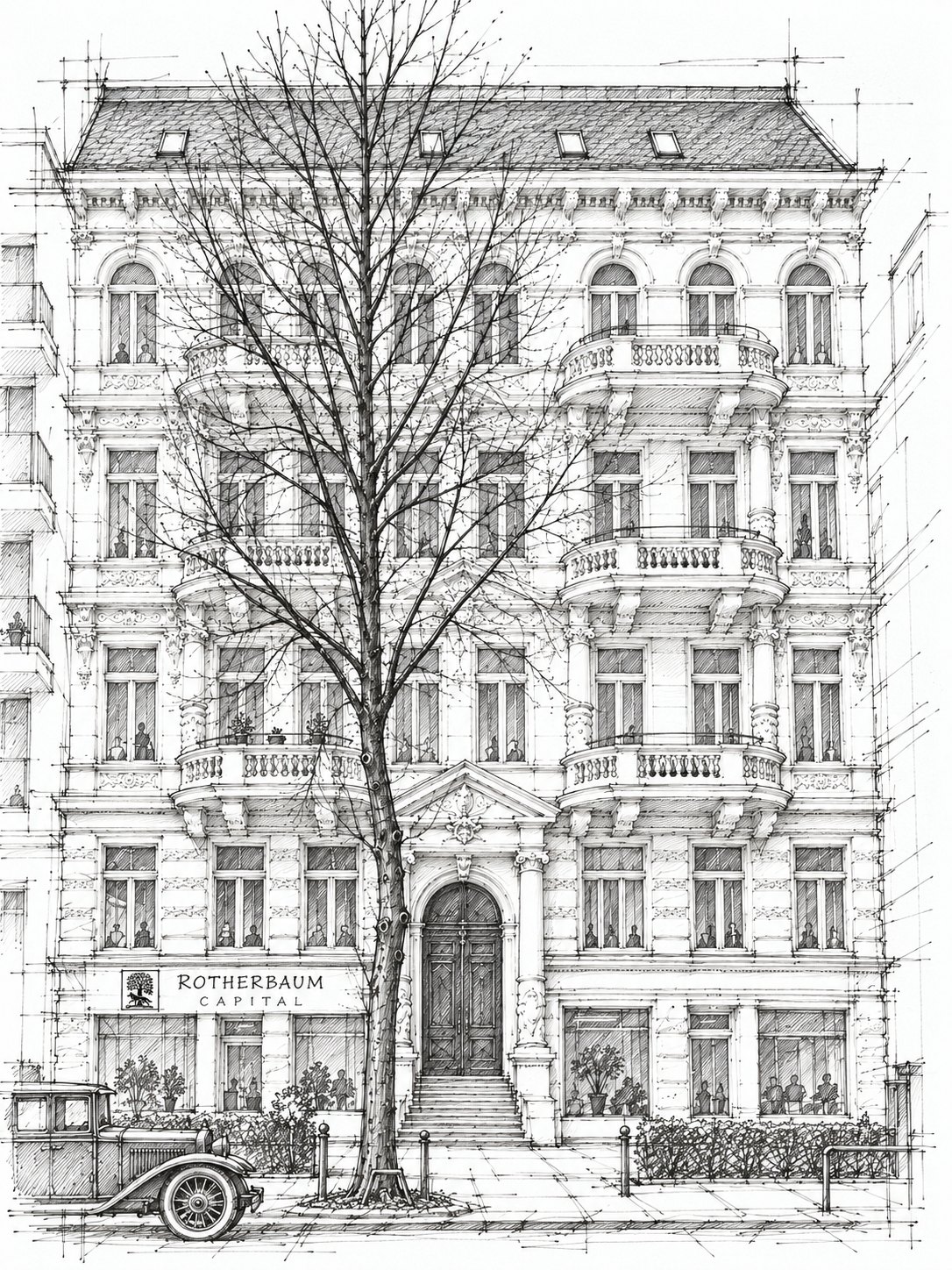 Dibujo a línea de una fachada clásica blanca de Rotherbaum, Hamburgo