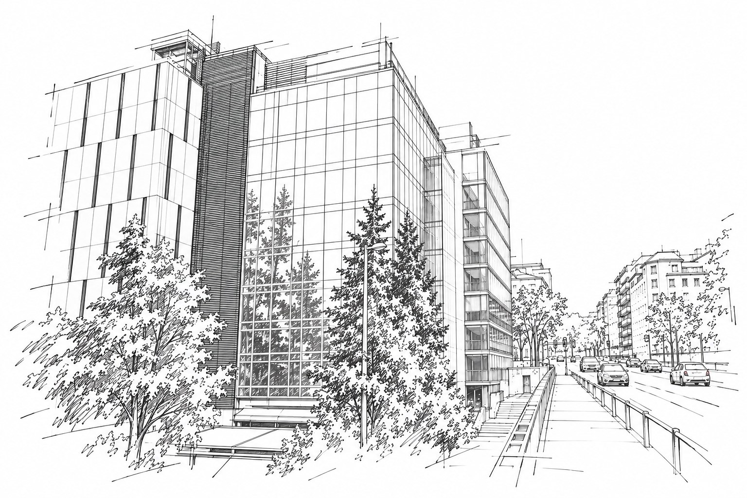 Dibujo a línea de la sede en el Paseo de la Castellana 40, Madrid